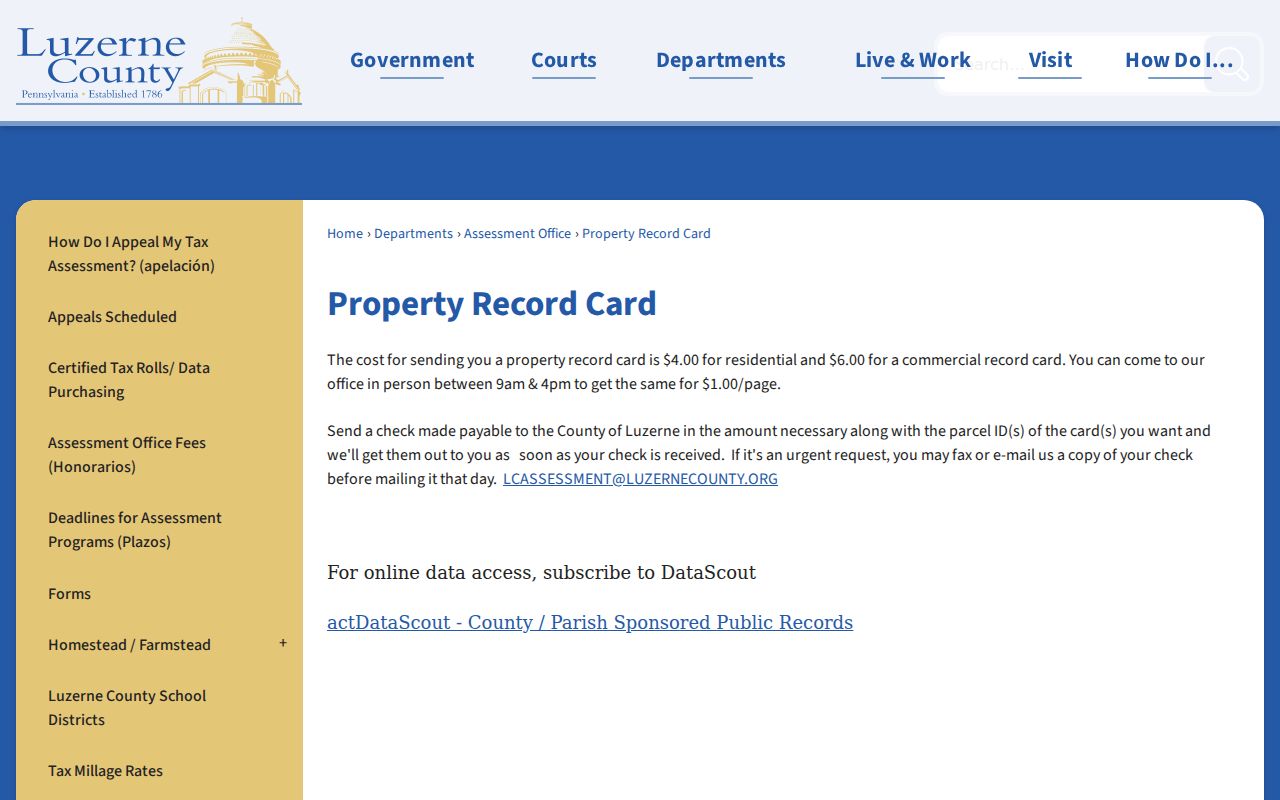 Luzerne neighbors property record card request for a parcel PIN