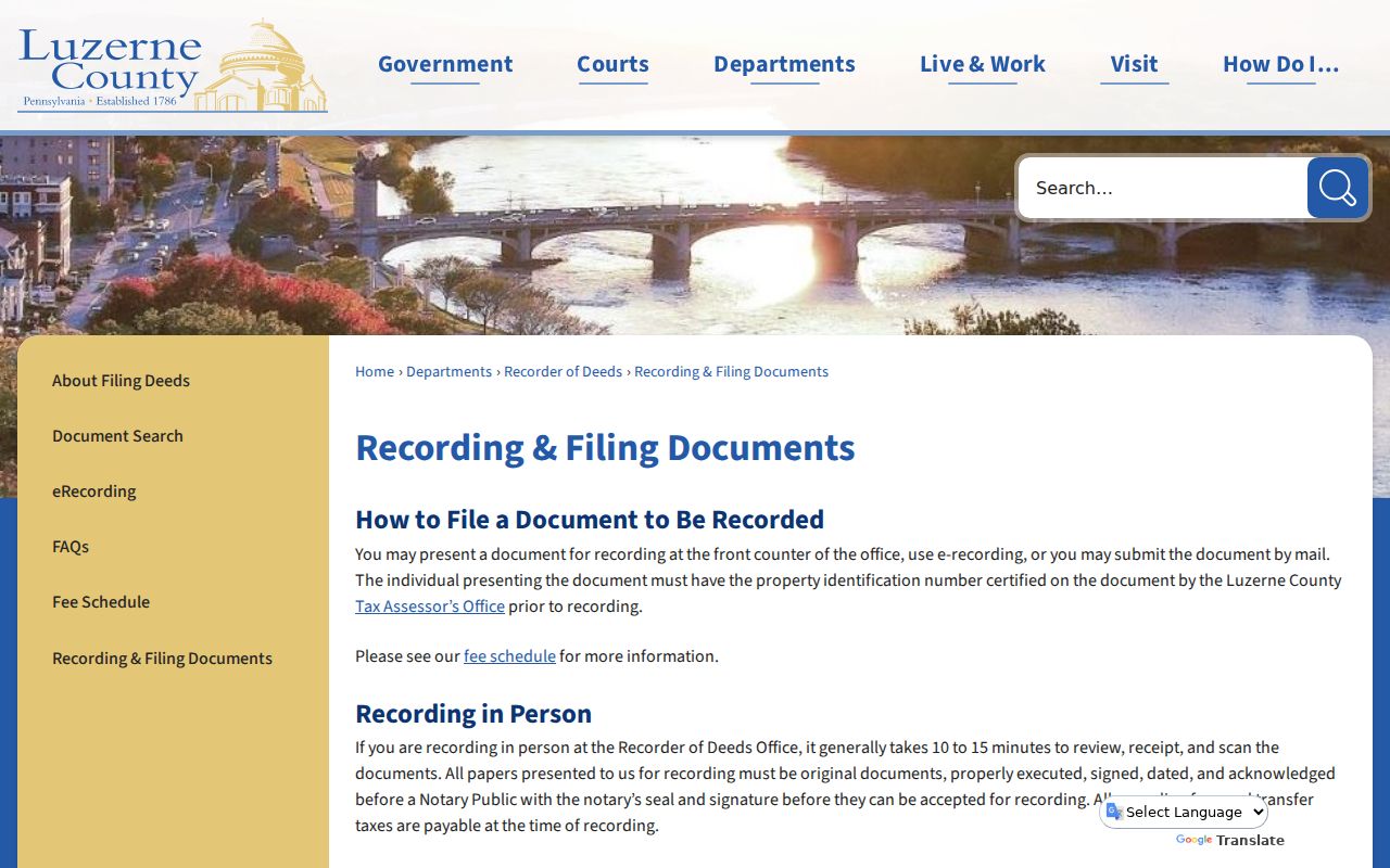 Luzerne previous residents Recorder document access and filing information