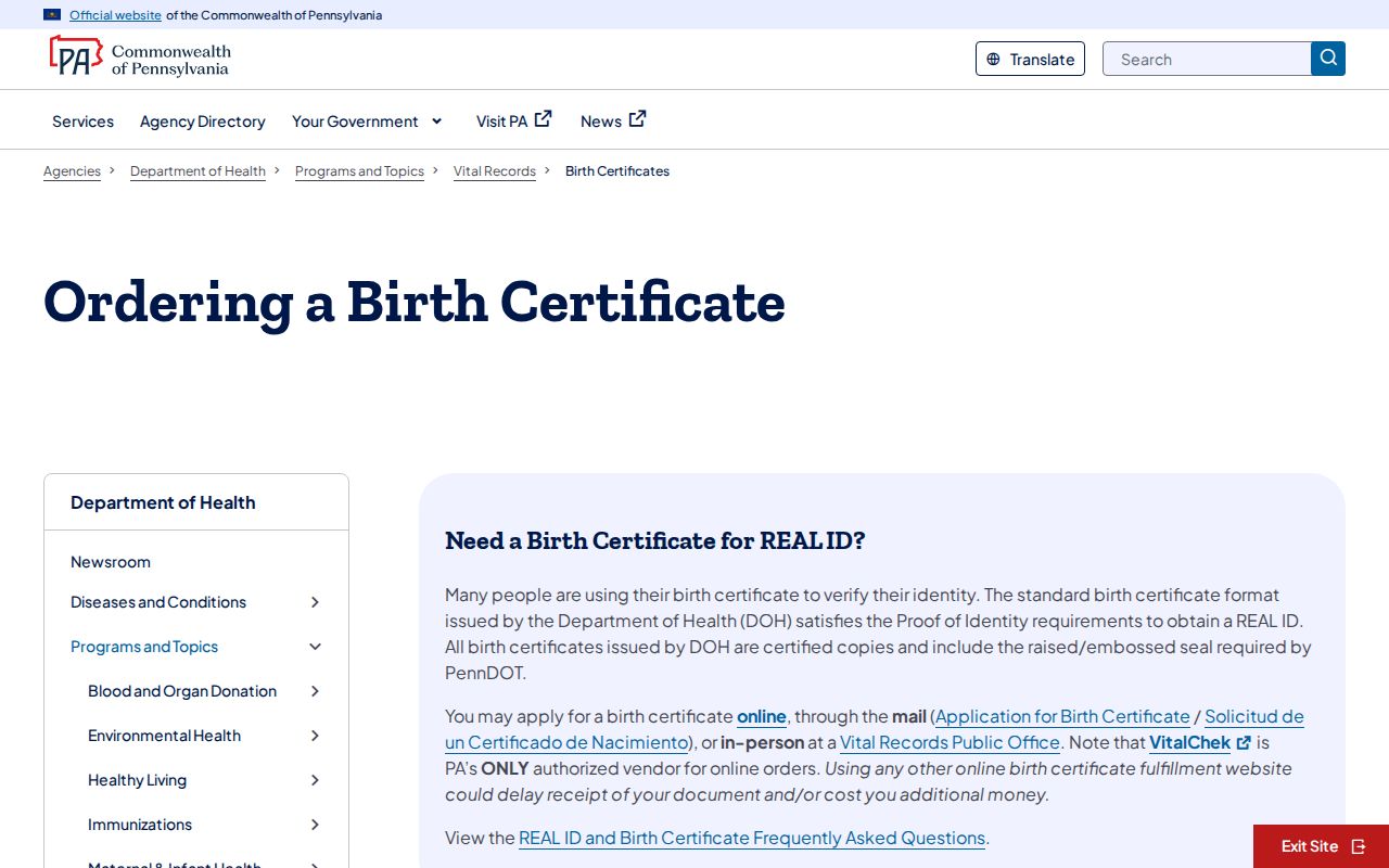 Luzerne resident lookup Pennsylvania birth certificate order page