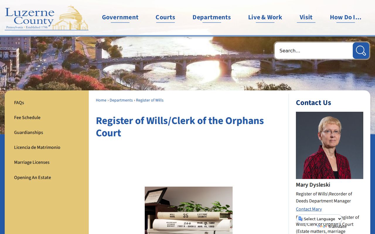 Luzerne resident lookup Register of Wills probate records page