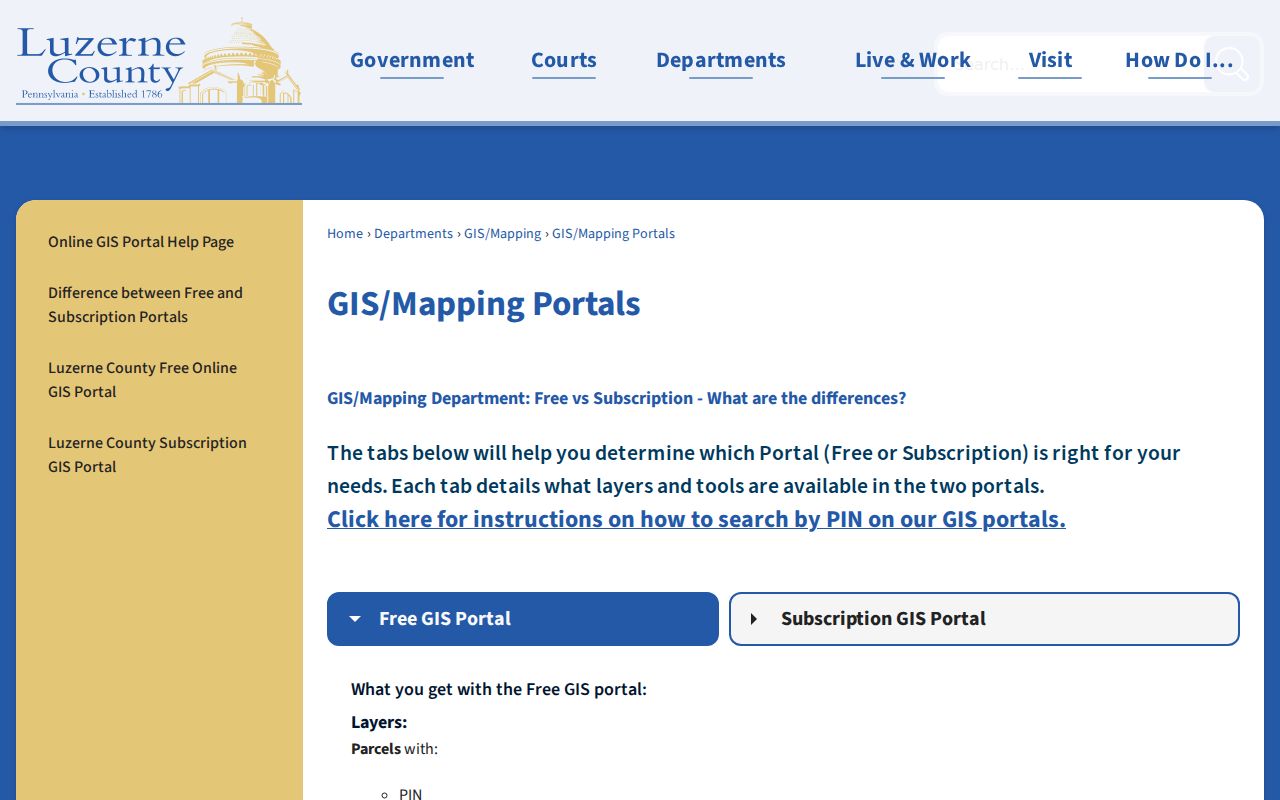 Luzerne street directory GIS portal showing free and subscription parcel map tools