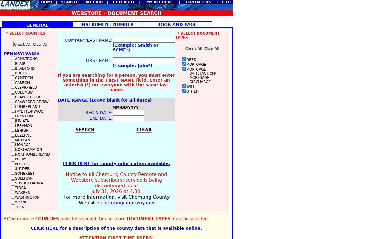 Luzerne street directory Landex deed search by party, date, instrument, and book or page