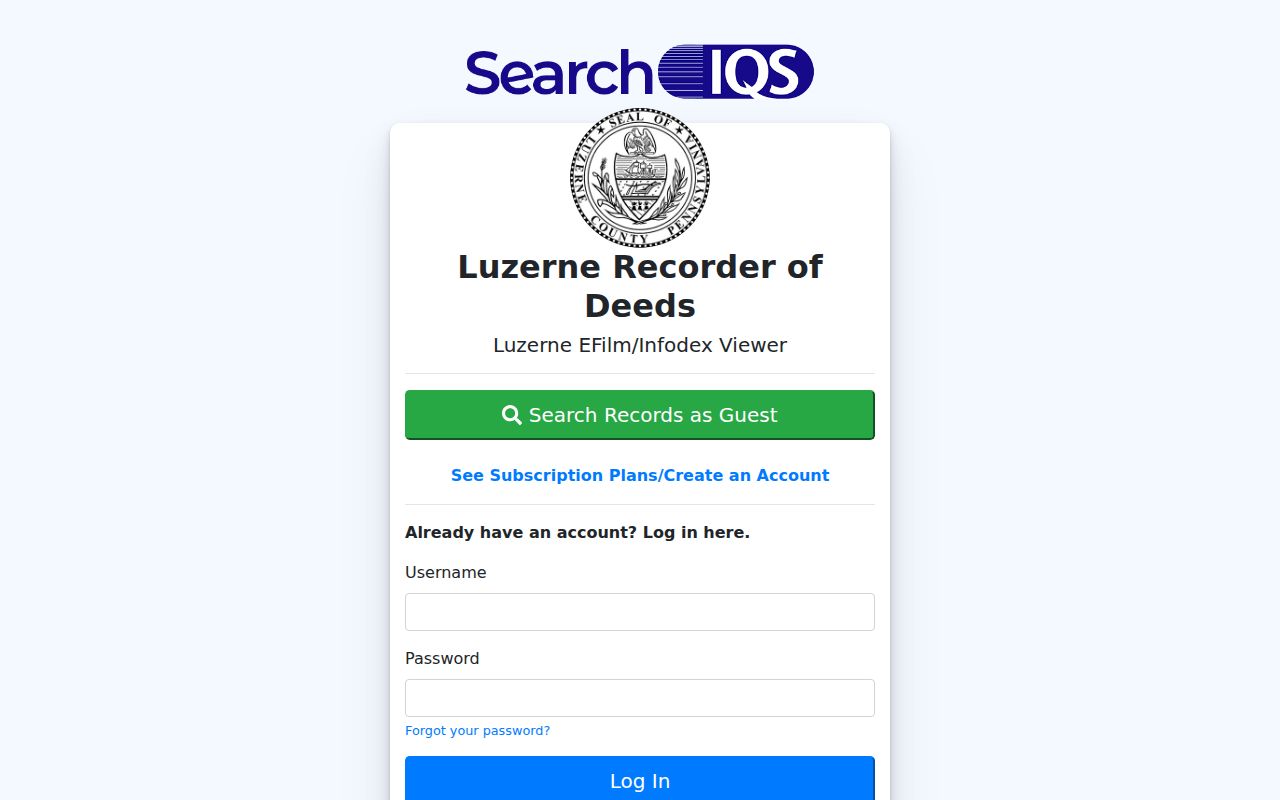 Luzerne street directory IQS gateway for historic Recorder deed and grantor-grantee searches